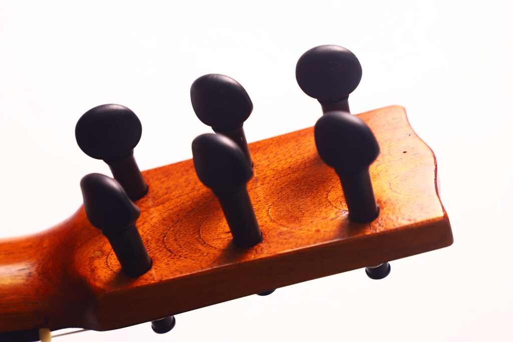 Nahaufnahme der Stimmwirbel an der Kopfplatte einer Franciso Pau 1890 Klassische Gitarre aus Holz vor einem weißen Hintergrund. Nahaufnahme der Stimmwirbel an der Kopfplatte einer Franciso Pau 1890 Klassische Gitarre aus Holz vor einem weißen Hintergrund.