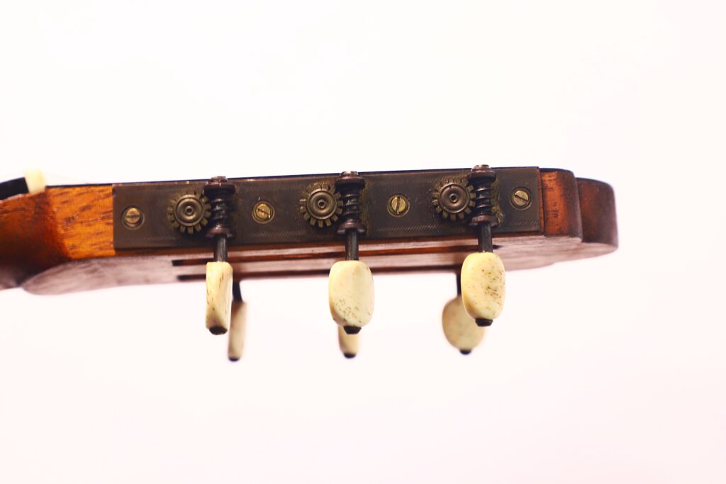 Nahaufnahme der Stimmwirbel an der Kopfplatte der Vicente Carillo 1925 Terz Gitarre mit weißen Stimmknöpfen und sichtbaren Metallzahnrädern vor einem schlichten weißen Hintergrund. Nahaufnahme der Stimmwirbel an der Kopfplatte der Vicente Carillo 1925 Terz Gitarre mit weißen Stimmknöpfen und sichtbaren Metallzahnrädern vor einem schlichten weißen Hintergrund.