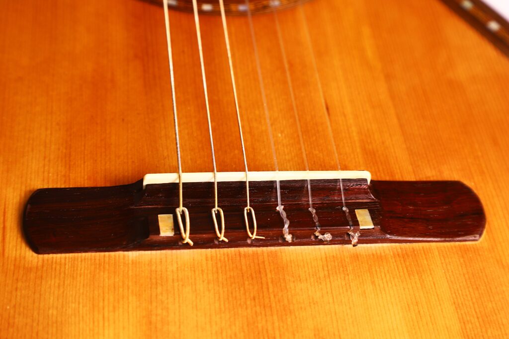 Nahaufnahme des Stegs und der Saiten einer Franciso Pau 1890 Klassische Gitarre. Hervorzuheben sind der Holzsteg, der weiße Sattel und die Nylonsaiten auf dem hellbraunen Korpus. Nahaufnahme des Stegs und der Saiten einer Franciso Pau 1890 Klassische Gitarre. Hervorzuheben sind der Holzsteg, der weiße Sattel und die Nylonsaiten auf dem hellbraunen Korpus.