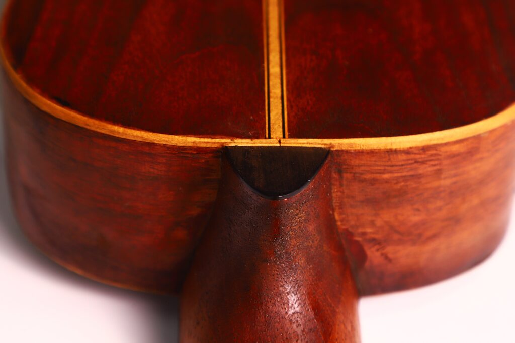 Nahaufnahme der Rückseite der Vicente Carillo 1925 Terz Gitarre, wo der Hals auf den Korpus trifft. Hervorzuheben sind die Holzmaserung, die satte braune Farbe und die fachmännische Verarbeitung. Nahaufnahme der Rückseite der Vicente Carillo 1925 Terz Gitarre, wo der Hals auf den Korpus trifft. Hervorzuheben sind die Holzmaserung, die satte braune Farbe und die fachmännische Verarbeitung.