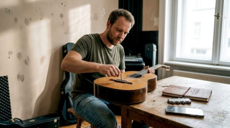 Im Tonstudio stimmt der Gitarrist seine Gitarre und überprüft, ob alles passt.