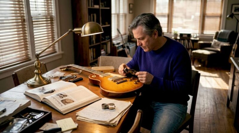 Vintage guitar collector examining Les Paul at table