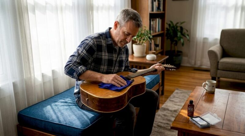 Man polishing acoustic guitar in living room