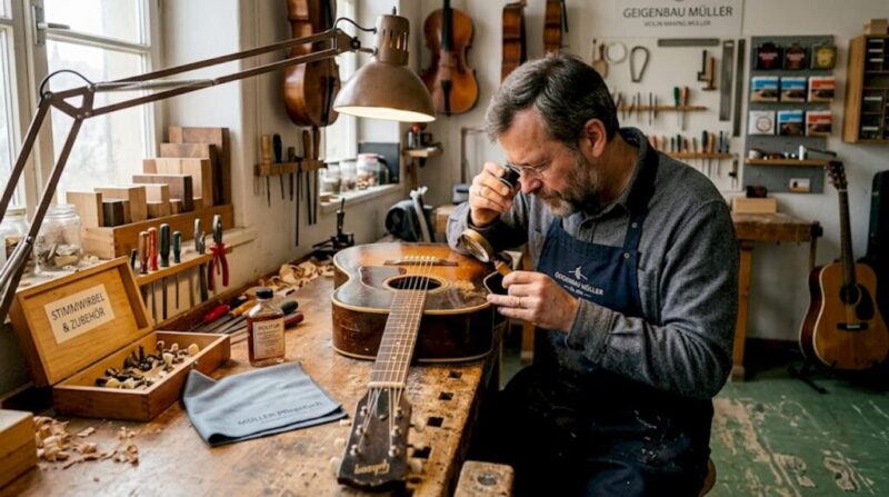 Ein Gitarrenbauer begutachtet eine alte Vintage-Gitarre an seiner Werkbank.