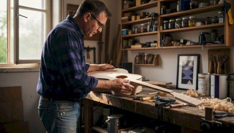 Luthier inspecting acoustic guitar neck joint
