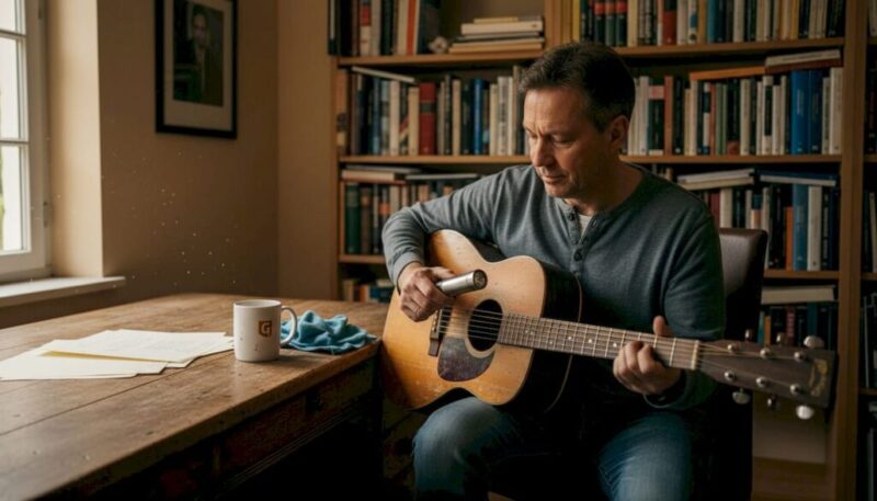 Ein Sammler nimmt eine alte Gitarre genau unter die Lupe, während er an seinem Schreibtisch sitzt.