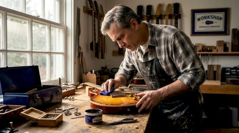 Luthier restoring vintage guitar on workbench