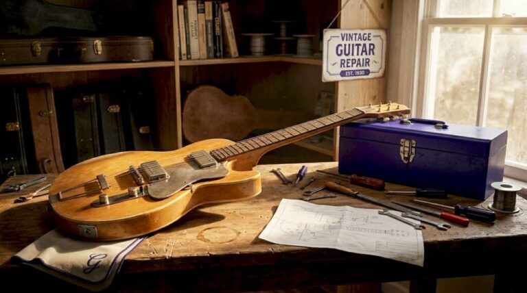 Vintage electric guitar on workshop bench