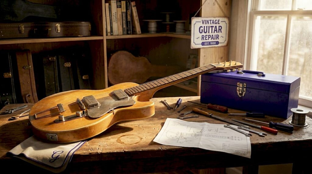 Vintage electric guitar on workshop bench