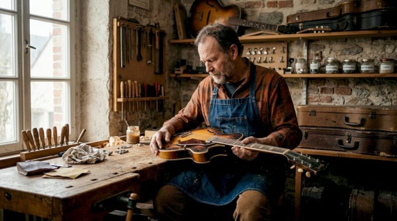 In seiner Werkstatt nimmt ein Gitarrenbauer eine alte Gitarre genau unter die Lupe.