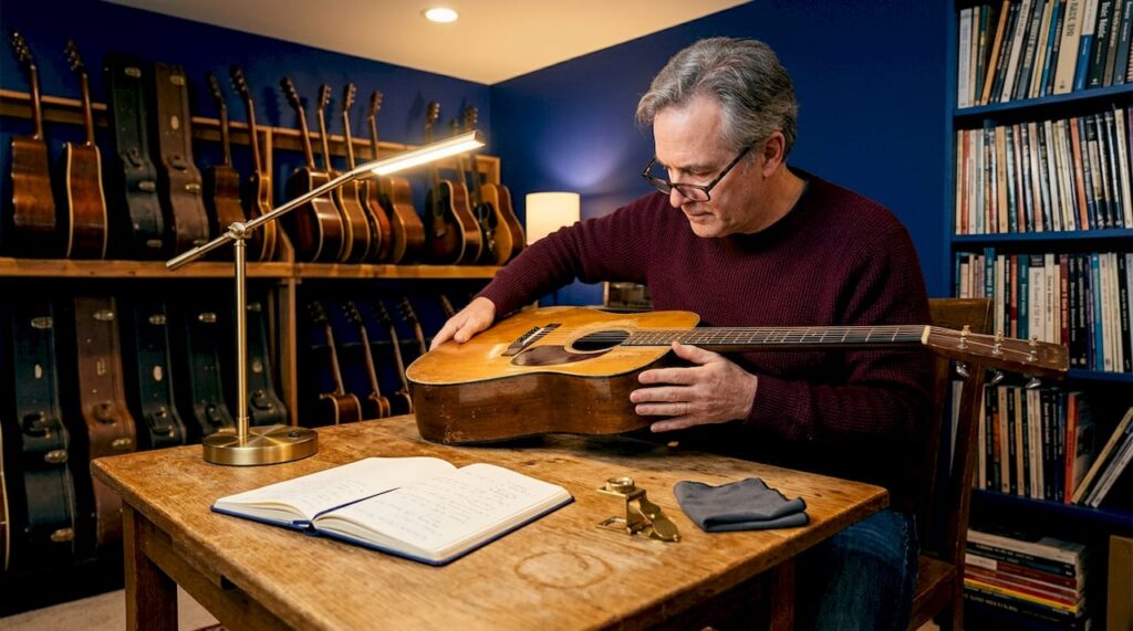 Collector inspecting vintage guitar craftsmanship
