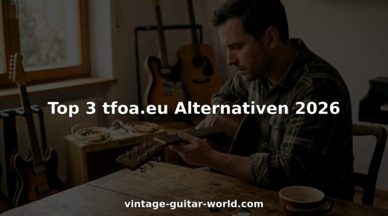 Eine Person begutachtet alte Gitarren in einem Musikzimmer und lässt sich von deren Geschichte und Klang inspirieren.