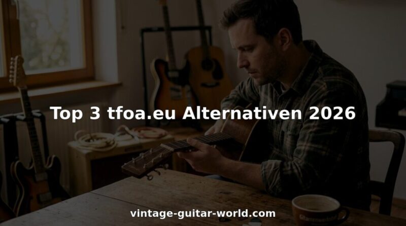 Eine Person begutachtet alte Gitarren in einem Musikzimmer und lässt sich von deren Geschichte und Klang inspirieren.