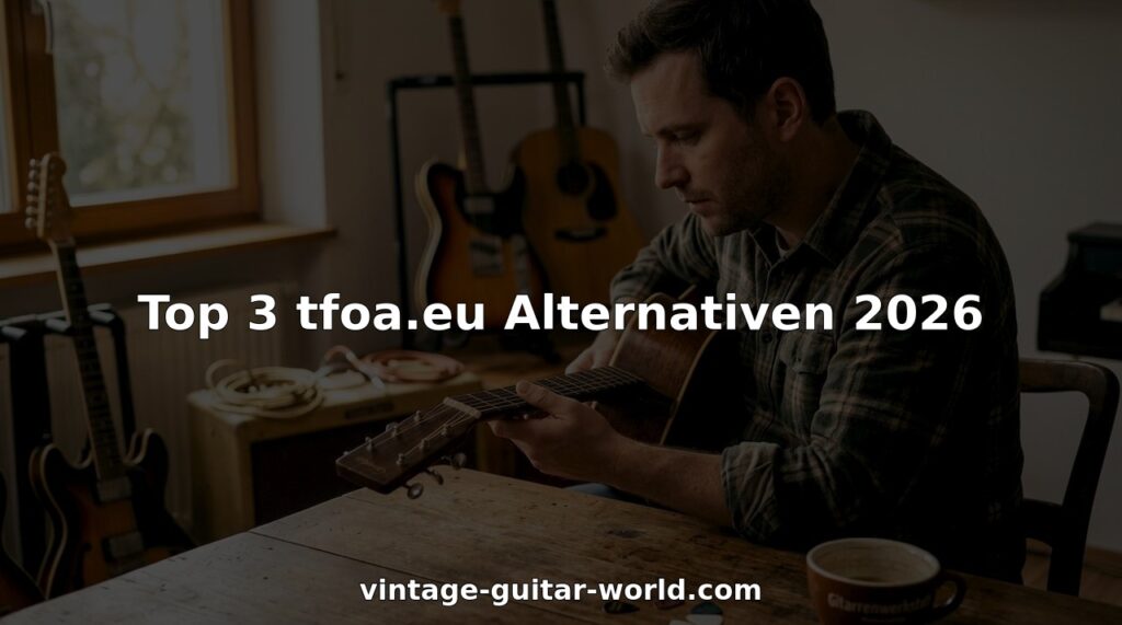 Eine Person begutachtet alte Gitarren in einem Musikzimmer und lässt sich von deren Geschichte und Klang inspirieren.