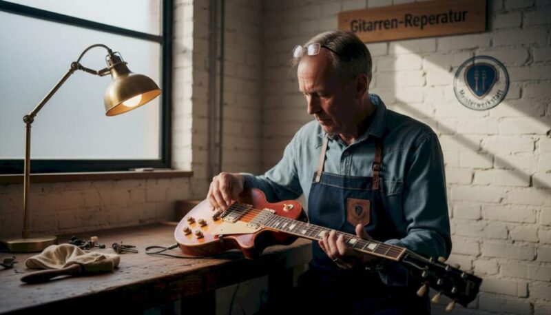 Ein Techniker begutachtet die Altersspuren auf einer alten E-Gitarre.