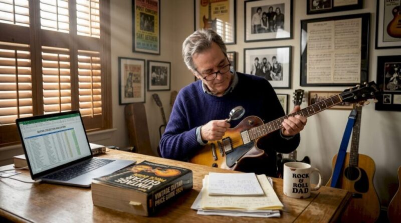 Collector examining vintage guitar in home office