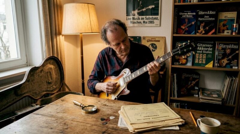 Ein Fachmann begutachtet eine Vintage-Gitarre direkt am Tisch.