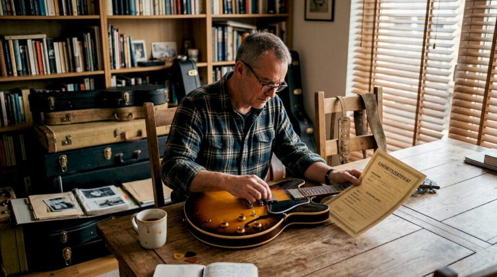 Ein Sammler begutachtet am Tisch sorgfältig eine Gitarre und das dazugehörige Echtheitszertifikat.