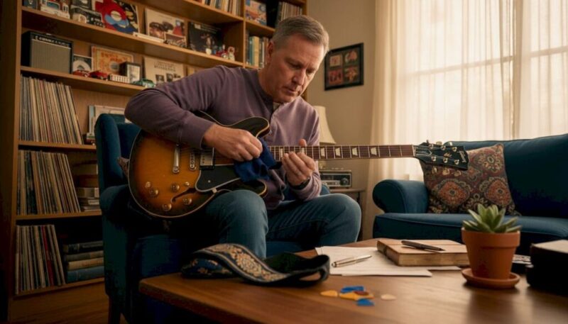 Guitar collector cleaning vintage guitar at desk