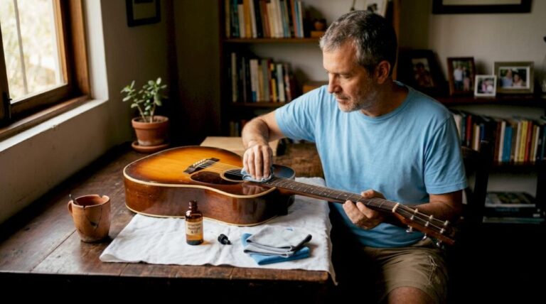 Zu Hause bereitet jemand das Reinigen seiner Akustikgitarre vor.