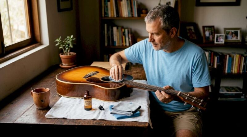 Zu Hause bereitet jemand das Reinigen seiner Akustikgitarre vor.