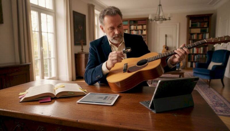Ein begeisterter Sammler begutachtet eine seltene Vintage-Gitarre in seinem Büro.