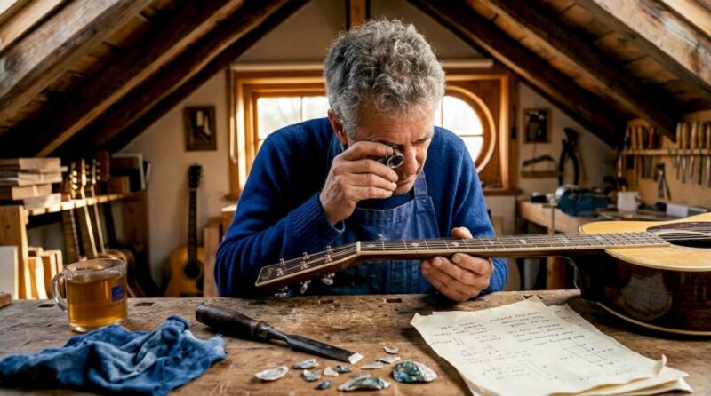 Luthier inspecting vintage guitar inlays at bench