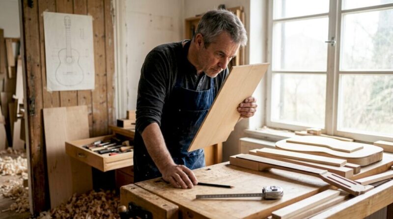 In seiner Werkstatt begutachtet der Gitarrenbauer sorgfältig das Holz, das später für den Bau seiner Instrumente verwendet wird.