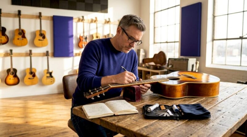 Collector examining guitar tools in home studio