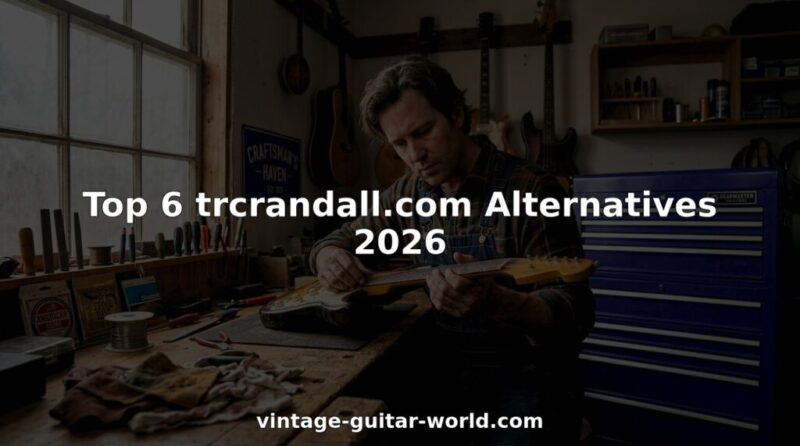 Guitar technician inspecting vintage instrument on workbench