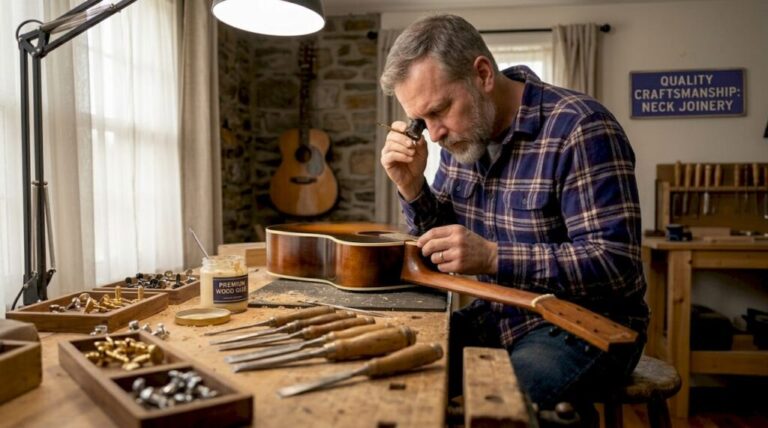 Luthier inspecting guitar neck joint in workshop