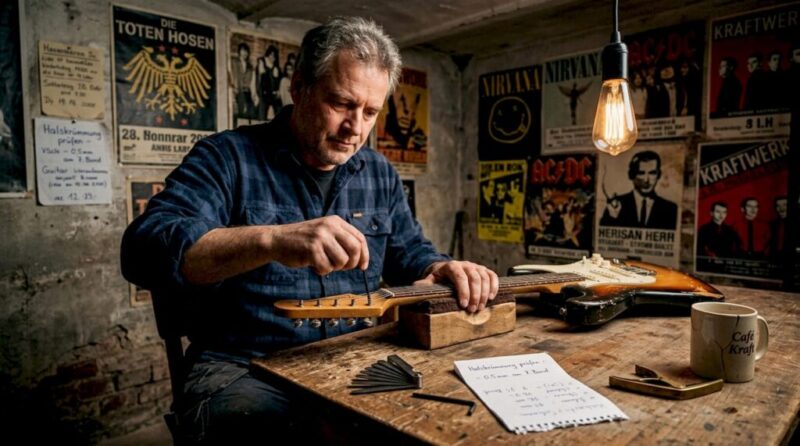 Ein Mann legt das nötige Werkzeug bereit, um den Gitarrenhals einzustellen.