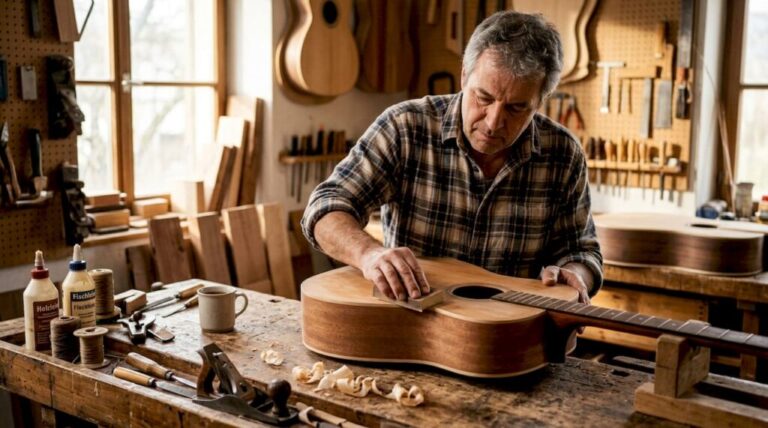 Ein Gitarrenbauer arbeitet an seiner Werkbank und bringt eine Akustikgitarre auf Vordermann.