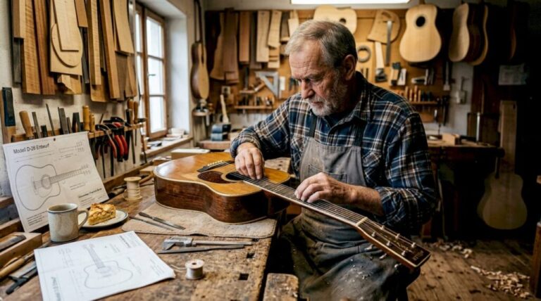 Ein Gitarrenbauer nimmt eine Vorkriegsgitarre in seiner Werkstatt genau unter die Lupe.