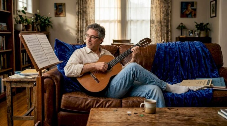 Man practicing classical guitar in sunlit living room