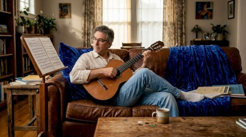 Man practicing classical guitar in sunlit living room
