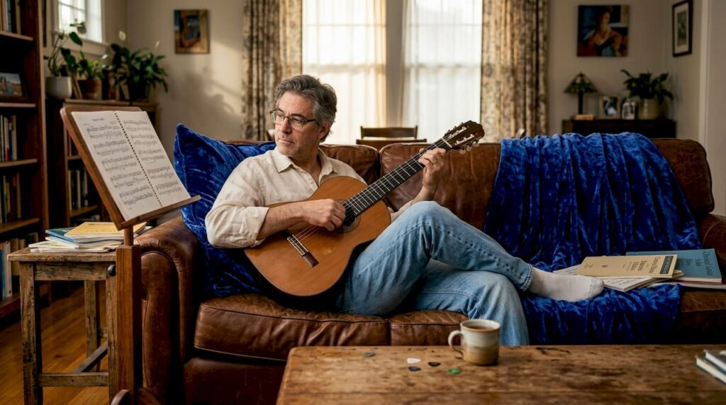 Man practicing classical guitar in sunlit living room