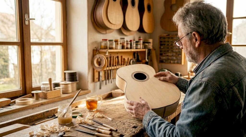 Ein Gitarrenbauer begutachtet die Deckenbeleistung einer Flamenco-Gitarre in seiner Werkstatt.
