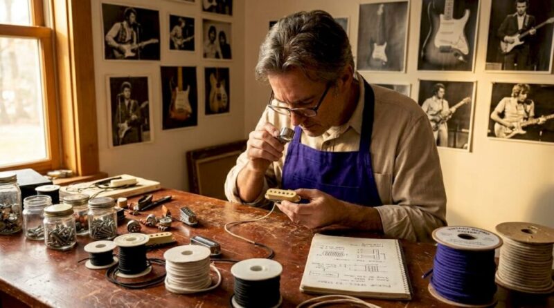 Guitarist examining vintage pickup at workbench