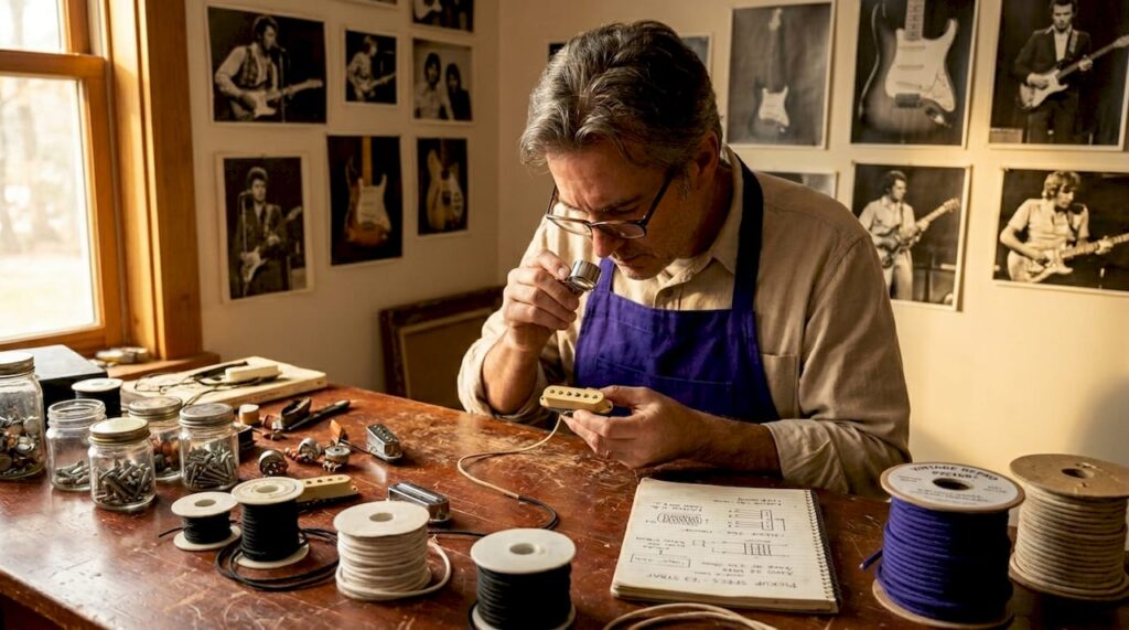 Guitarist examining vintage pickup at workbench
