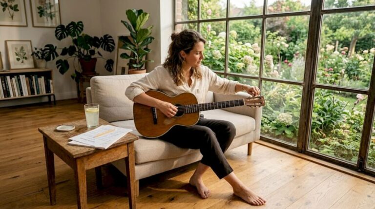 Eine Frau stimmt ihre Parlor-Gitarre gemütlich im Wohnzimmer.