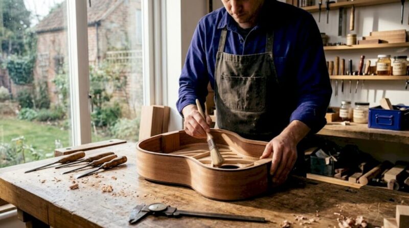 Luthier clearing dust from fan-braced guitar soundboard