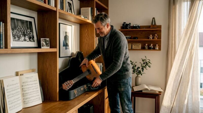 Ein Mann verstaut seine Gitarre im Wohnzimmer im Gitarrenkoffer.