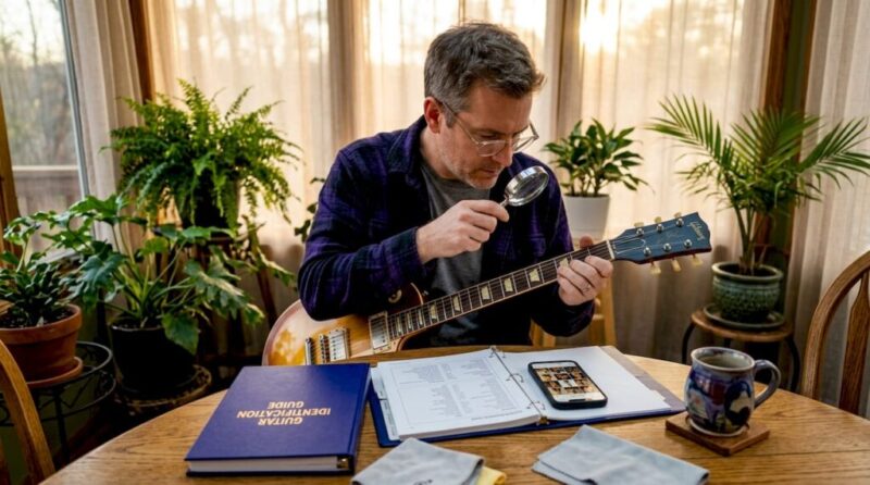 Collector inspecting guitar headstock with reference folder