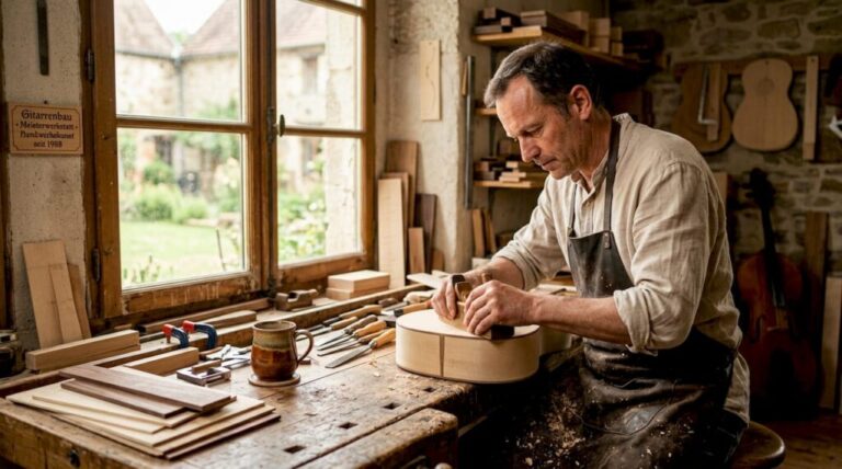 In einer sonnendurchfluteten Werkstatt arbeitet ein Gitarrenbauer an einer frühen Version seiner Gitarre, konzentriert und voller Leidenschaft für sein Handwerk.