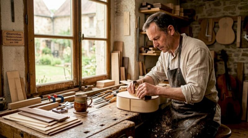 In einer sonnendurchfluteten Werkstatt arbeitet ein Gitarrenbauer an einer frühen Version seiner Gitarre, konzentriert und voller Leidenschaft für sein Handwerk.