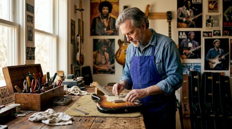 Luthier repairs vintage guitar on workshop bench