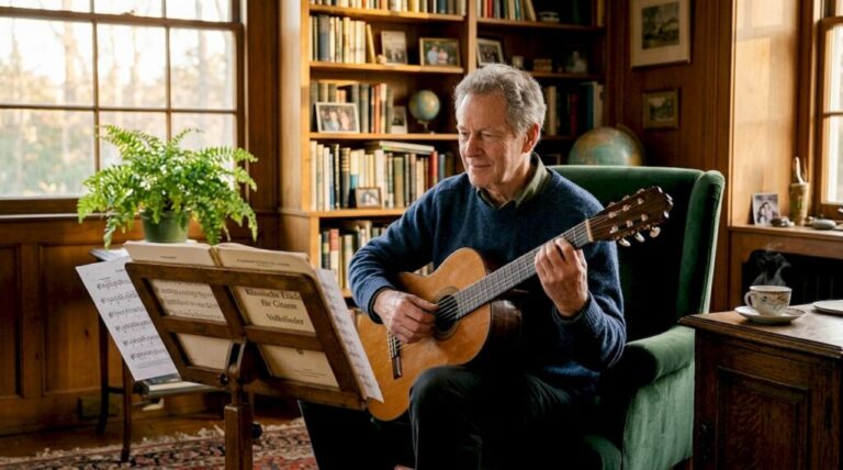 Im Wohnzimmer erklingen sanfte Töne einer klassischen Gitarre – der Gitarrist vertieft sich ganz in sein Spiel.