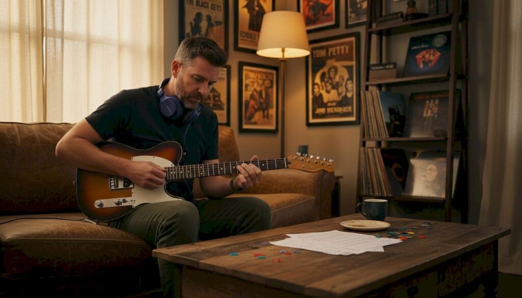 Musician restringing vintage guitar in home studio