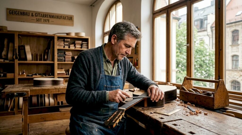 In seiner Werkstatt begutachtet der Gitarrenbauer sorgfältig das Griffbrett, um sicherzustellen, dass alles perfekt verarbeitet ist.